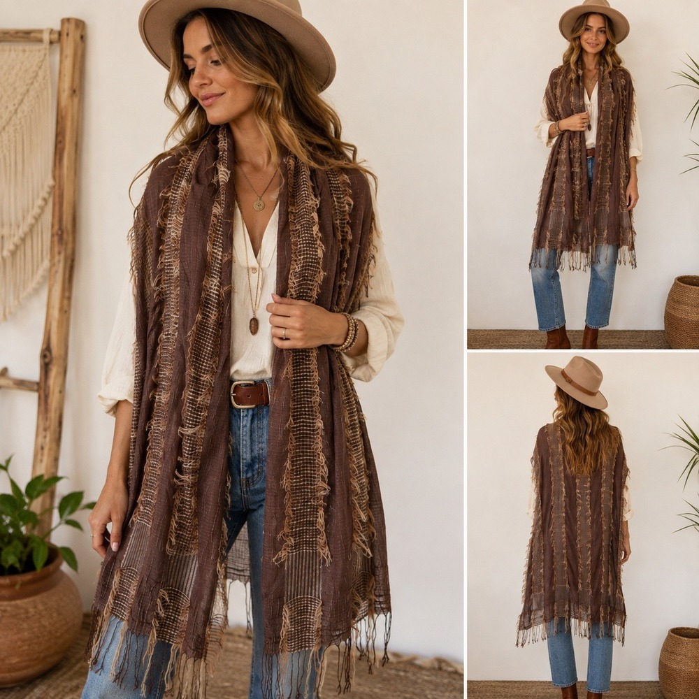 Kero Design Peru Artisan Oversized Scarf Wrap Brown Textured Fringe Boho 67x26